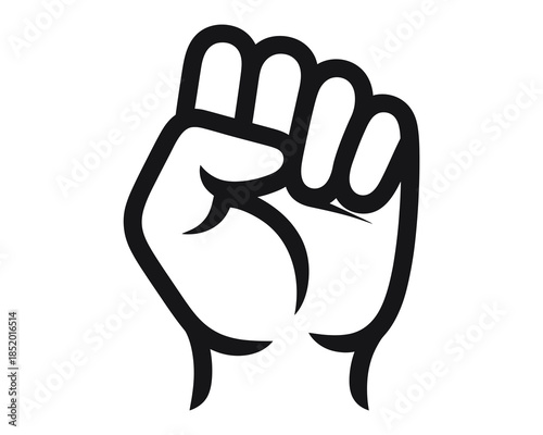 Black outline raised fist symbol on white background power strength