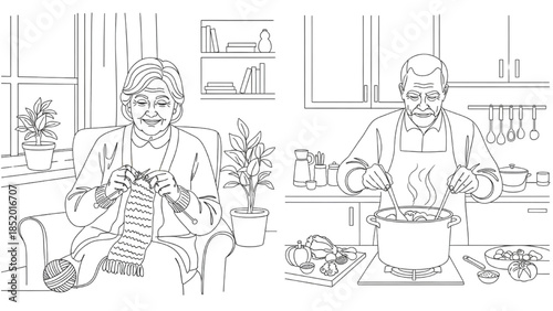 High-quality black continuous line art of elderly couple enjoying hobbies at home, senior woman knitting and senior man cooking, active aging lifestyle illustration