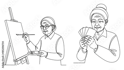High-quality black continuous line art of a senior painting or drawing and an elderly person playing cards, creative and social hobbies, active aging lifestyle illustration