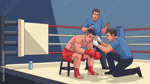 Boxer receiving medical attention in the corner of a boxing ring during a match.