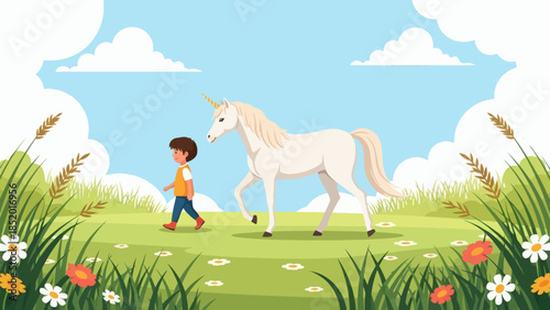 Boy and Unicorn Walking Together in a Lush Green Meadow.