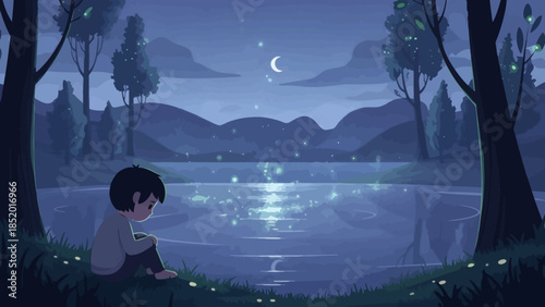Boy sitting by a serene lake at night under a crescent moon and stars.