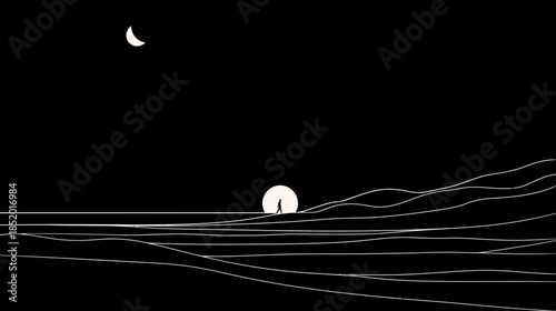 Abstract Black and White Night Scene with Solitary Figure, Crescent Moon, and Stylized Ocean Horizon