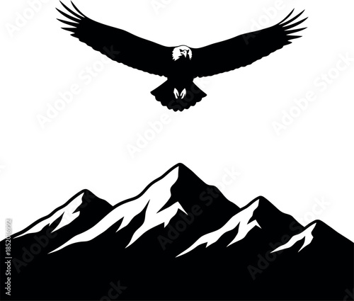 Silhouette of an Eagle Flying Over Snowy Mountains