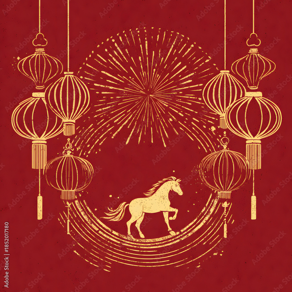 Fototapeta premium Festive lunar new year greeting with hanging lanterns fireworks and horse symbol centered
