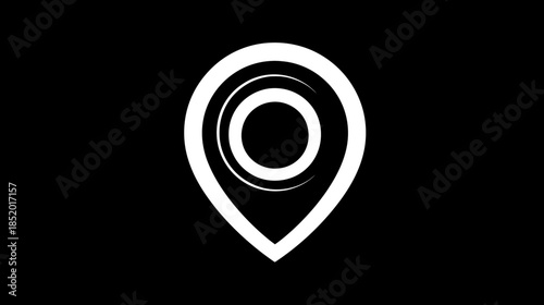 Dynamic White Location Pin Icon with Pulsing Circles on Black Background. GPS Map Marker for Navigation, Travel, Destination, and Location Pinpointing.