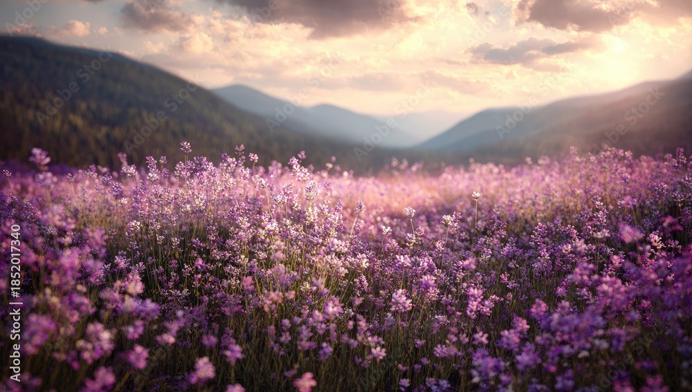 Fototapeta premium Field of purple wildflowers bathed in soft golden light.