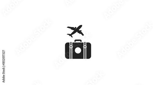 Black Airplane and Suitcase Icon Representing Travel, Vacation, Business Trip, and Journey Concepts