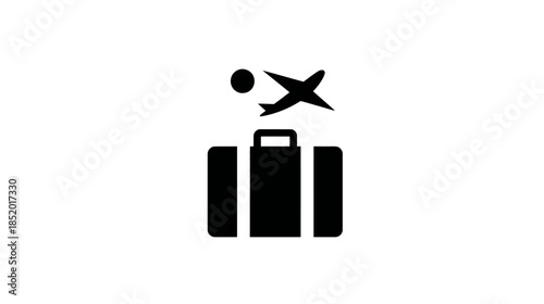 Travel and vacation icon with airplane, suitcase, and sun for summer holidays, global journey, and international trips concept
