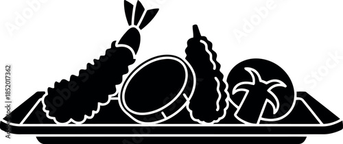 Black and white sushi platter with assorted dishes