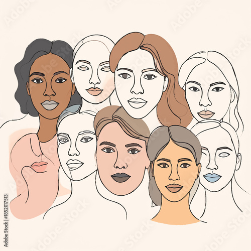 Diverse women's faces line art minimal color celebrating unity and beauty