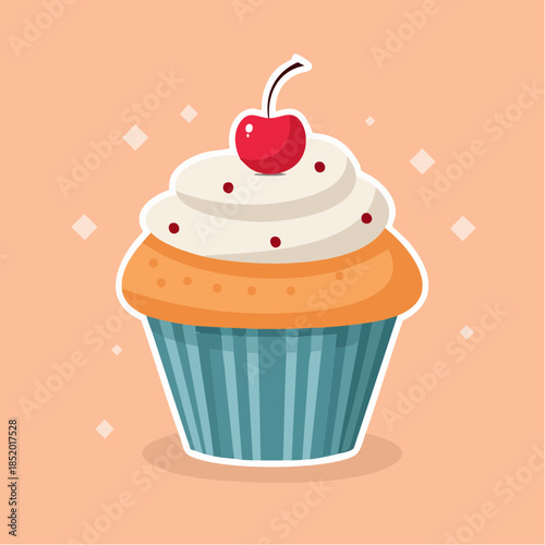 A delicious cupcake with white frosting, a cherry on top, and a blue paper cup.