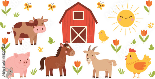 Flat Cartoon Farm Animals Vector Set for Kids Nursery Agriculture and Country Life Designs