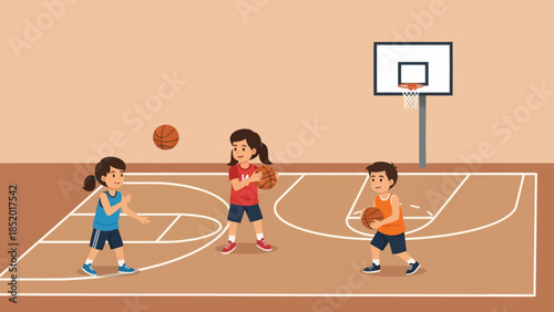 Children playing basketball on an indoor court with a hoop.