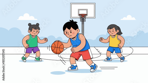 Children playing basketball on an outdoor court dribbling and enjoying the game under a clear sky.