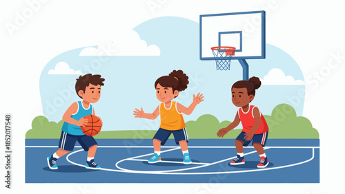 Children playing basketball on an outdoor court with a hoop.
