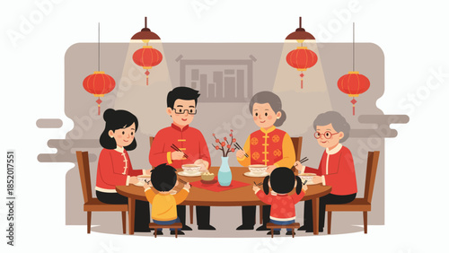Chinese Family Celebrating Lunar New Year with Traditional Dinner.