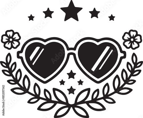 Heart shaped sunglasses with stars, flowers, and laurel wreath on transparent background