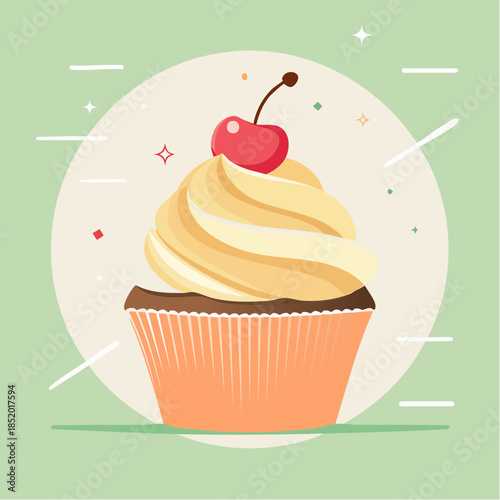 A delicious cupcake with vanilla frosting and a cherry on top, in a paper cup.