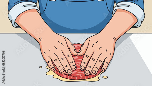 Closeup of hands pressing down on a round red object with a yellow liquid underneath on a white surface.