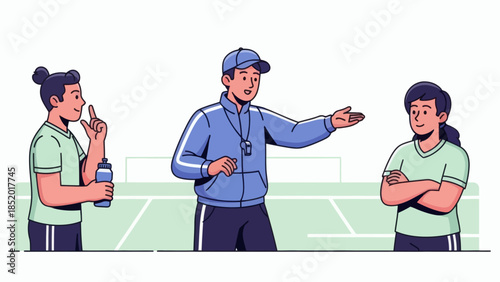 Coach giving instructions to young athletes on the field.