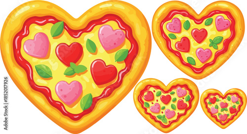 Collection of delicious heart shaped pizzas with cheese and topping variations on transparent background