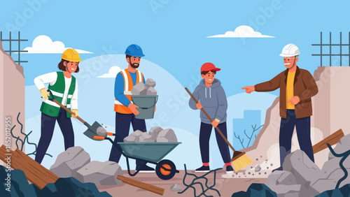 Construction workers clearing debris from a demolition site.