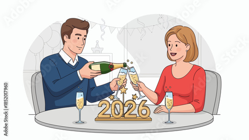 Couple Celebrating New Year 2026 with Champagne Toast 1.