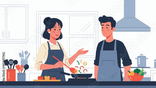 Couple cooking together in a modern kitchen preparing a healthy meal with fresh ingredients.