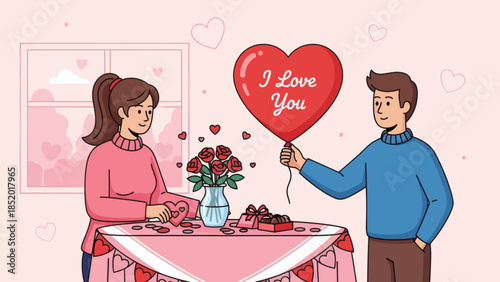 Couple celebrating Valentines Day with gifts and romantic gestures.