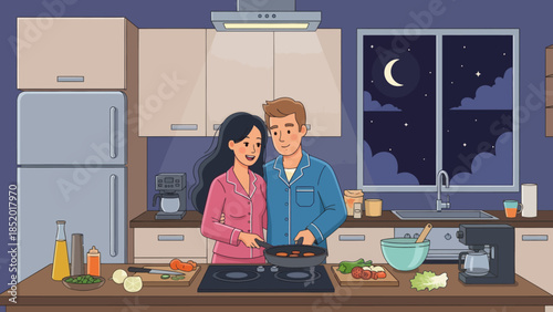 Couple cooking together in kitchen at night.