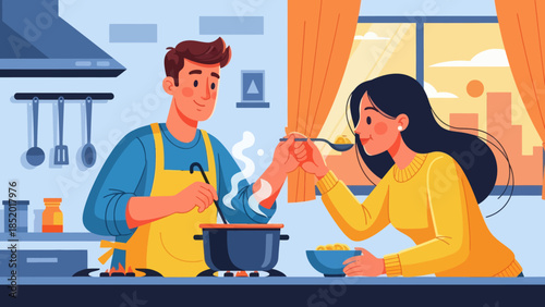Couple cooking together in a modern kitchen sharing a romantic moment while preparing a meal.