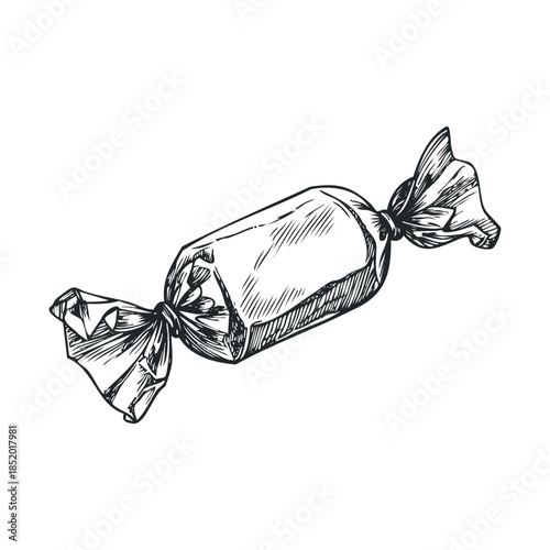 A classic hand drawn wrapped candy featuring a sweet confectionery with twisted ends, perfect for traditional dessert menus, confectionery packaging, or charming vintage food related