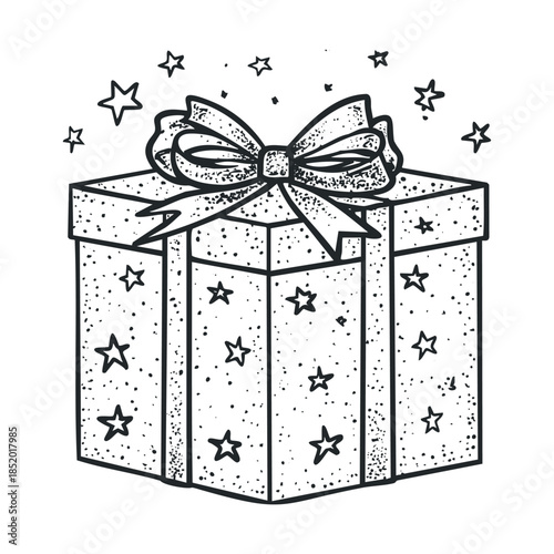 A festive hand drawn gift box with a decorative bow and scattered stars perfect for holiday greetings, birthday celebrations, or special occasion promotions.