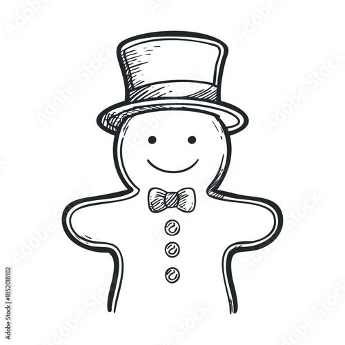 A hand drawn gingerbread man cookie character wearing a top hat and bow tie creating a festive and cheerful holiday greeting for winter season designs