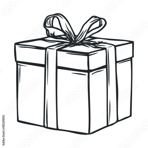 Simple hand drawn gift box with a decorative ribbon and bow for holiday celebrations, special occasions, or marketing promotions