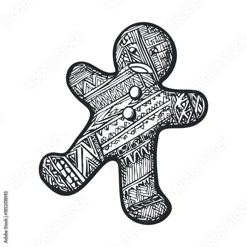 Decorative gingerbread man cookie shape adorned with intricate abstract patterns and tribal motifs perfect for holiday season branding, winter themed designs, and festive craft projects