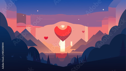 Heart-shaped hot air balloon over mountains