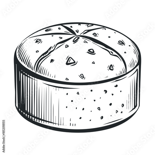 Hand drawn engraving style sketch of a traditional round whole loaf of rustic bread or flat cake with seeds perfect for bakery menus and food packaging designs.