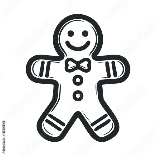 Simple black and white illustration of a smiling gingerbread person ideal for festive decorations, sweet treat promotions, or playful seasonal branding projects