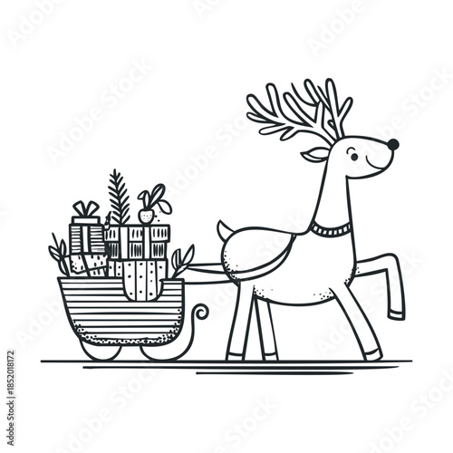 Charming handdrawn reindeer pulling a sleigh filled with holiday gifts and winter greenery perfect for festive seasonal greetings, childrens stories, and winter celebration marketing