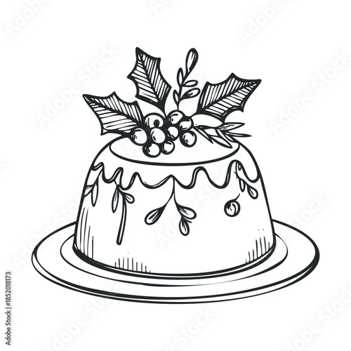 Classic hand drawn Christmas pudding adorned with festive holly leaves and berries, perfect for holiday greetings, recipe books, seasonal decorations, and winter celebration graphics