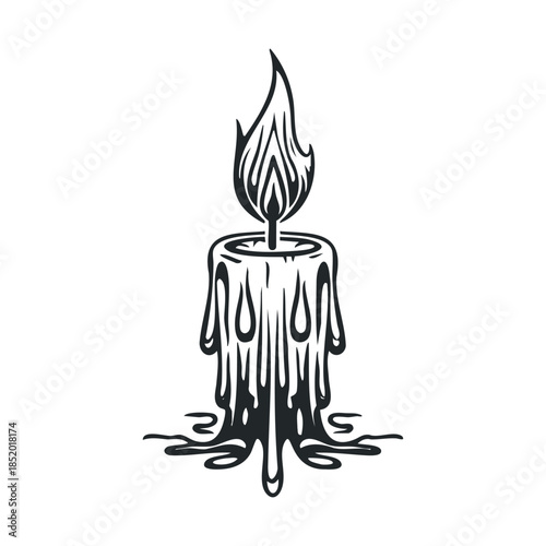 Stylized black and white burning candle graphic with melted wax drips, perfect for gothic, mystical, spiritual, or Halloween themed designs and emblems.