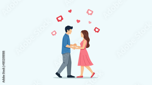 Couple in Love Holding Hands with Hearts Floating Around Them.