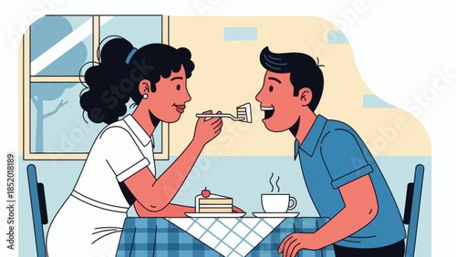 Couple enjoying dessert together at a cafe sharing a slice of cake and coffee.