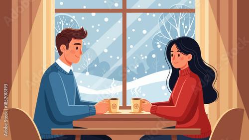 Couple enjoying coffee together in a cozy cafe during winter.