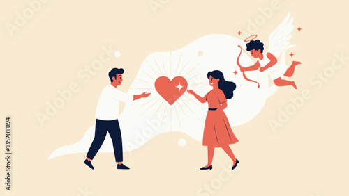 Couple exchanging heart with Cupid flying above symbolizing love and romance.