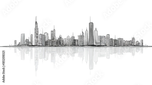 Detailed hand-drawn city skyline illustration with reflection, monochrome architectural cityscape sketch on white background