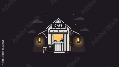 Cozy Cafe Stand Illuminated at Night with Warm Glow.