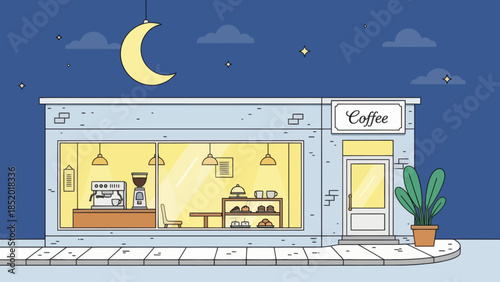 Cozy Coffee Shop Exterior at Night with Warm Interior Lighting.